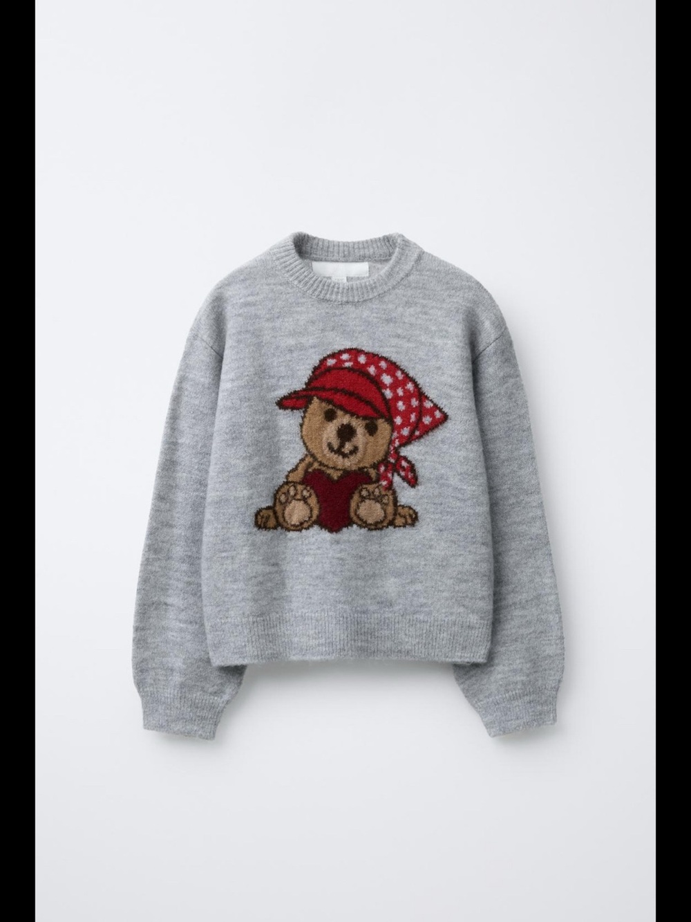Zara Grey Sweater with Teddy Bear Graphic and Red Bandana